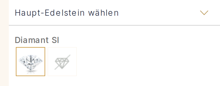 Bildschirmabzug aus dem Konfigurator, Schritt Haupt-Edelstein wählen, mit Diamant und der Wahl ohne Stein