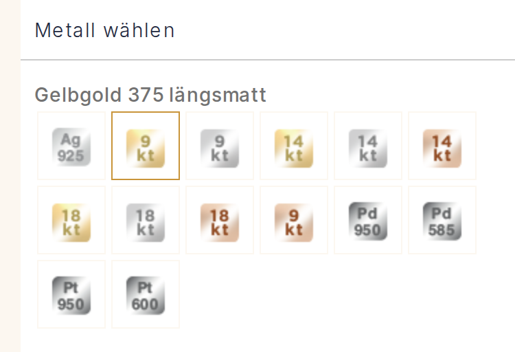 Bildschirmabzug aus dem Konfigurator, Schritt Metall wählen, an einem zweifarbigen Ring aus Gelbgold und Silber