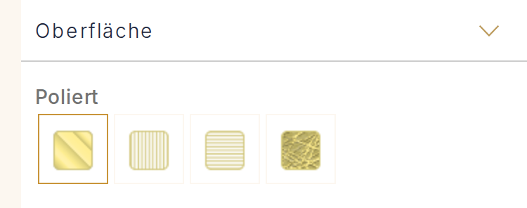 Bildschirmabzug aus dem Konfigurator, Schritt Oberfläche wählen, mit poliert, längsmatt, quermatt und eismatt zur Auswahl