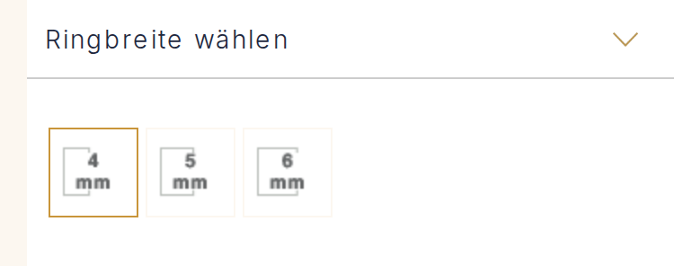Bildschirmabzug aus dem Konfigurator, Schritt Ringbreite wählen, mit den Breiten in Millimetern