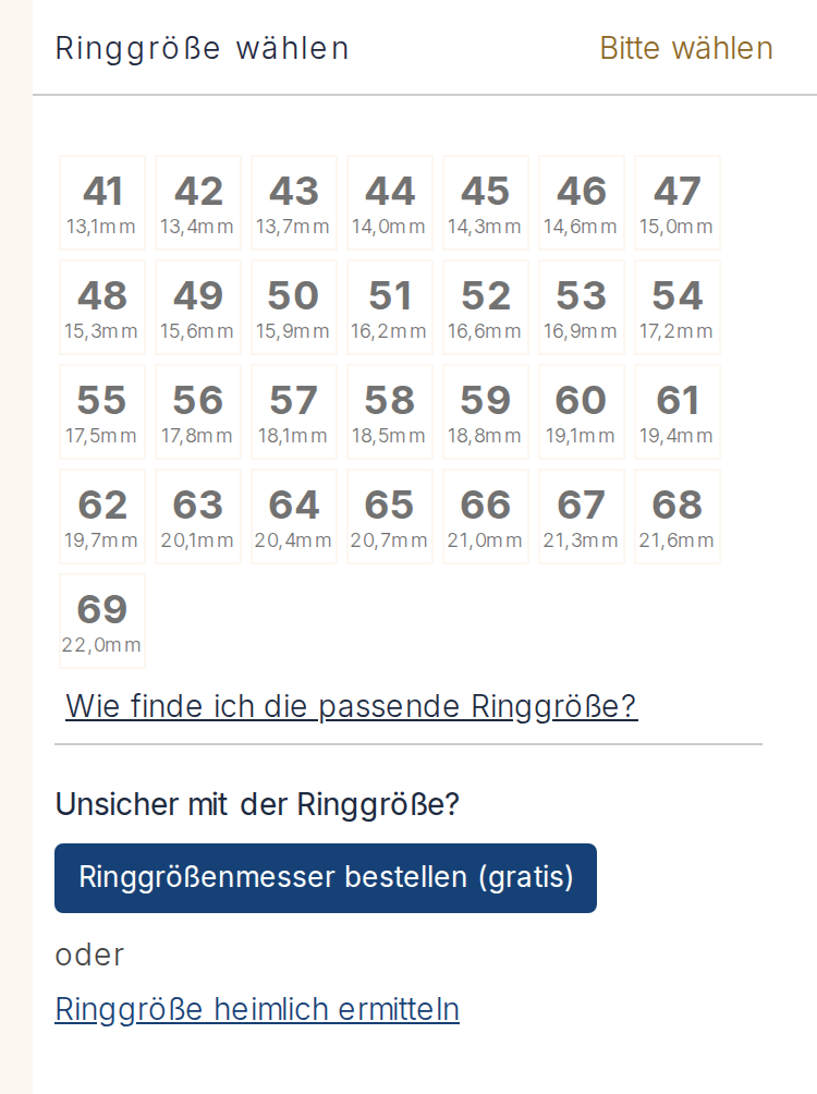 Bildschirmabzug aus dem Konfigurator, Schritt Ringgröße wählen, mit der Größentabelle und dem Innendurchmesser in Millimetern