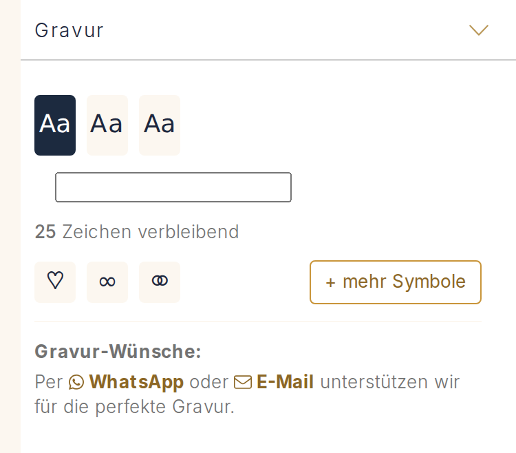 Bildschirmabzug aus dem Konfigurator, Schritt Gravur, mit dem Eingabefeld für den Gravurtext