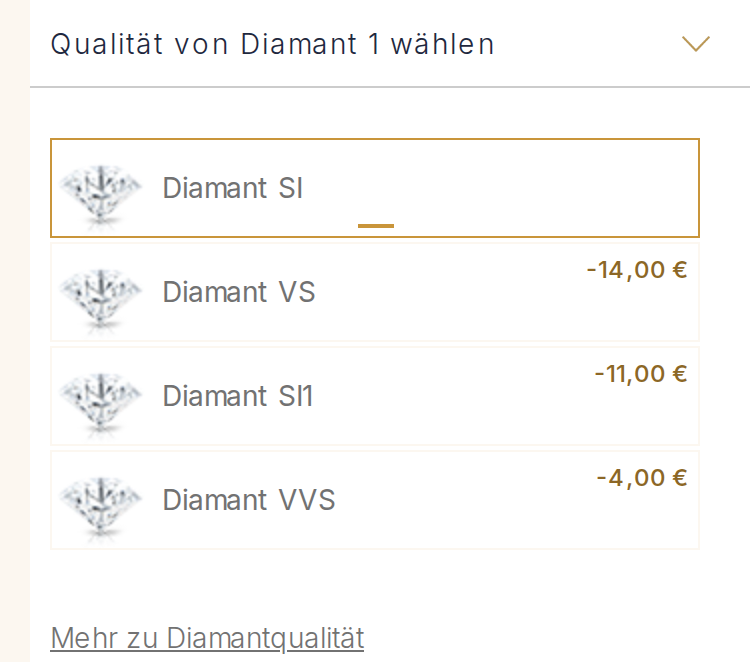 Bildschirmabzug aus dem Konfigurator, Schritt Qualität von Diamant wählen, mit den Güteklassen zur Auswahl