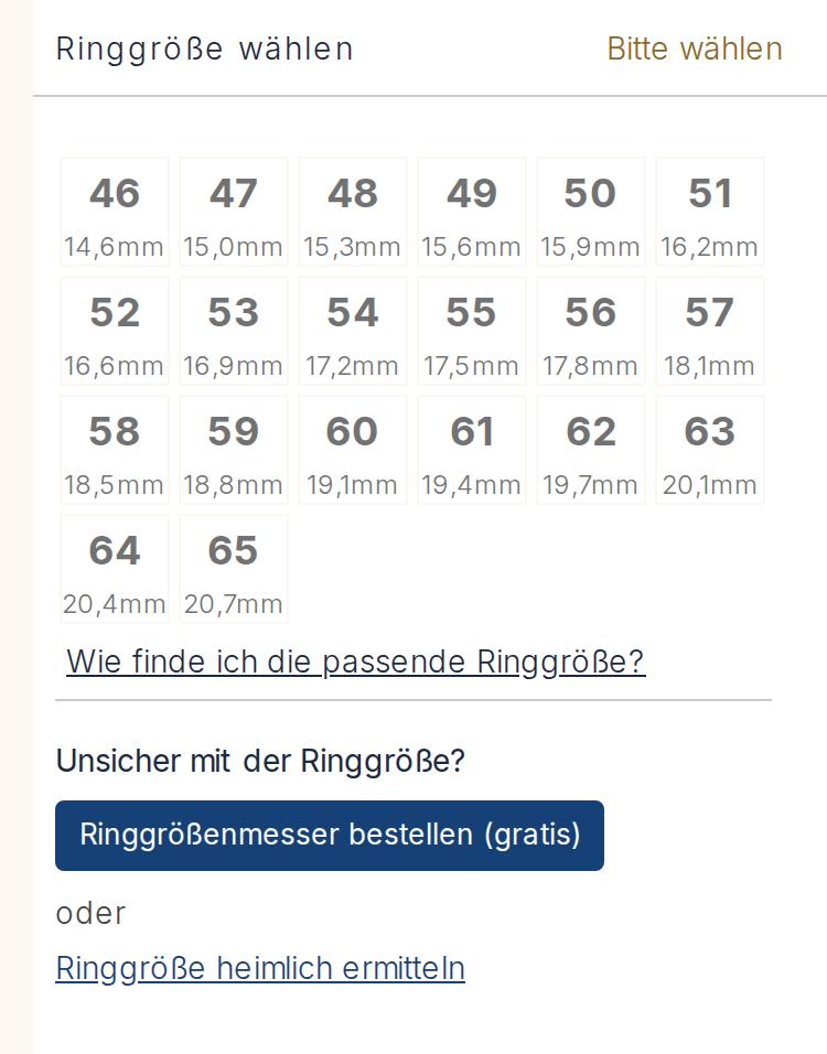 Bildschirmabzug aus dem Konfigurator, Schritt Ringgröße wählen, mit der Größentabelle und dem Innendurchmesser in Millimetern